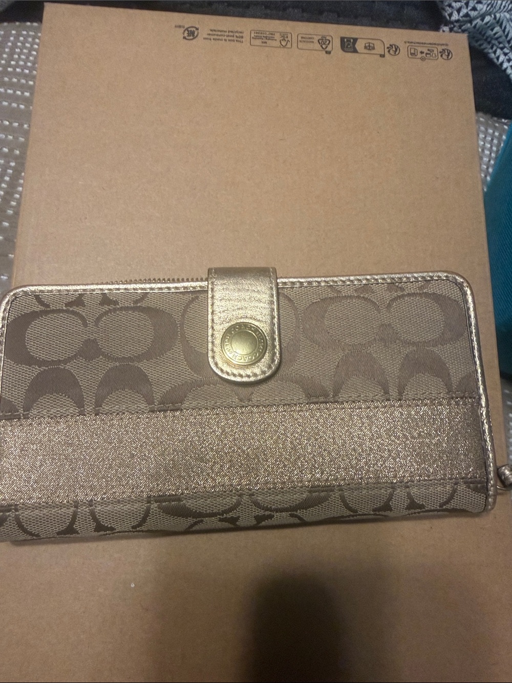 Coach Metallic Gold & Tan Signature Snap Wallet